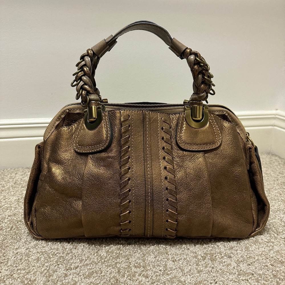 Chloe Metallic Brown Braided-Handle Satchel